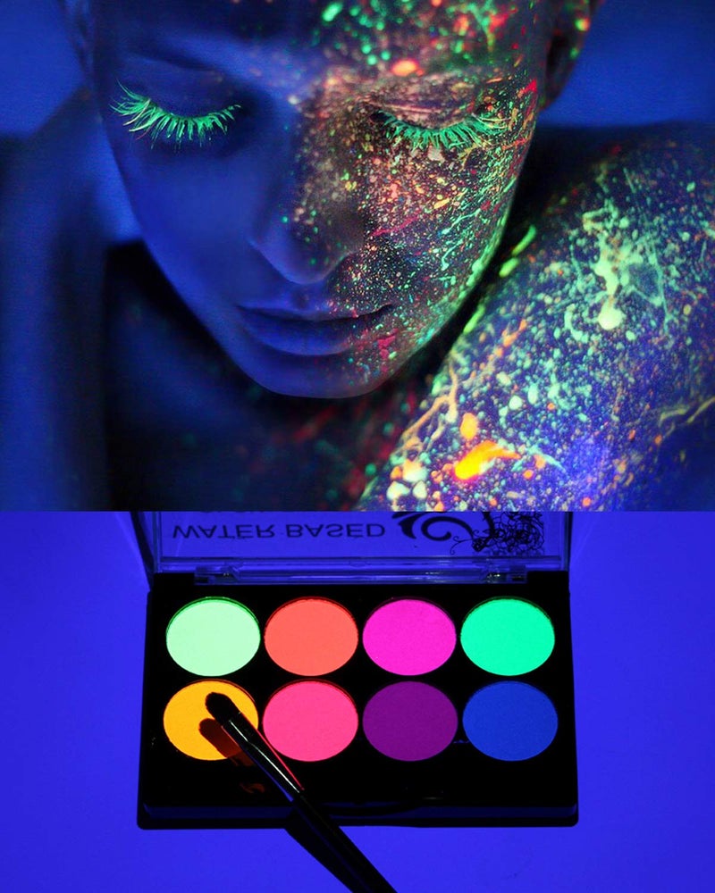 Felico UV Face Paint Kit, Glow In The Dark Paint, Neon Fluorescent Body Painting 8 Colors Professional Brush,Water Based Black Lights Makeup,Halloween Party Supplies,Projects Costumes Theater - Image 1